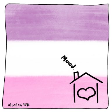 A drawing of a house with a heart inside and the word "Mood." written as smoke from its chimney. Background colors purple, white and pink.